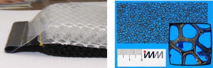Links: Schichtbauen der durchströmbaren Textilkonstruktion zur Solarenergienutzung. Rechts: Offenporige, strukturierte Metallschäume