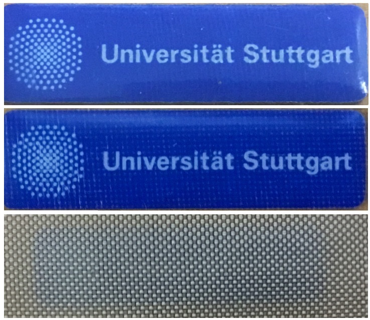 Optisch transparenter, glasfaserverstärkter Verbundwerkstoff. (a) Nur Polymermatrix, (b) glasfaserverstärkter Verbundwerkstoff, (c) nur Glasgewebe