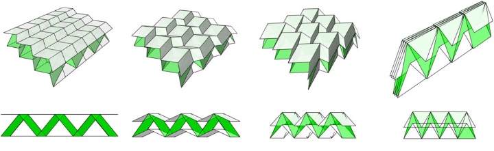 Kinematisch kongruenter Verbund dreier Miura-Ori-Lagen